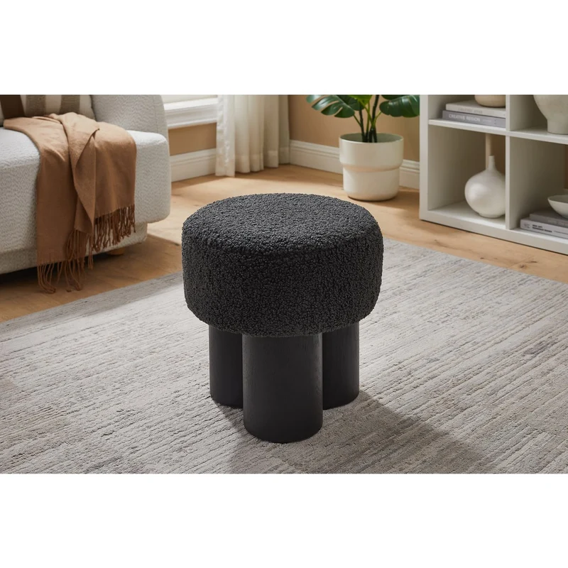 Sitzpouf mit Holzfurnier und Teddybezug – Schwarz/Grau, Ø 50 cm