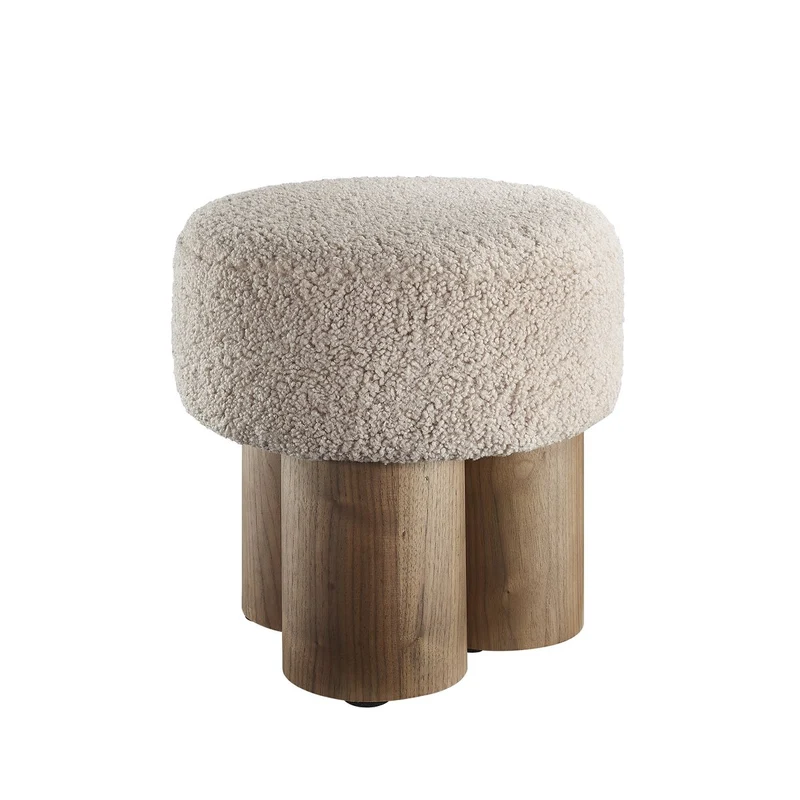 Sitzpouf mit Holzfurnier und Teddybezug – Walnuss/Braun, Ø 50 cm