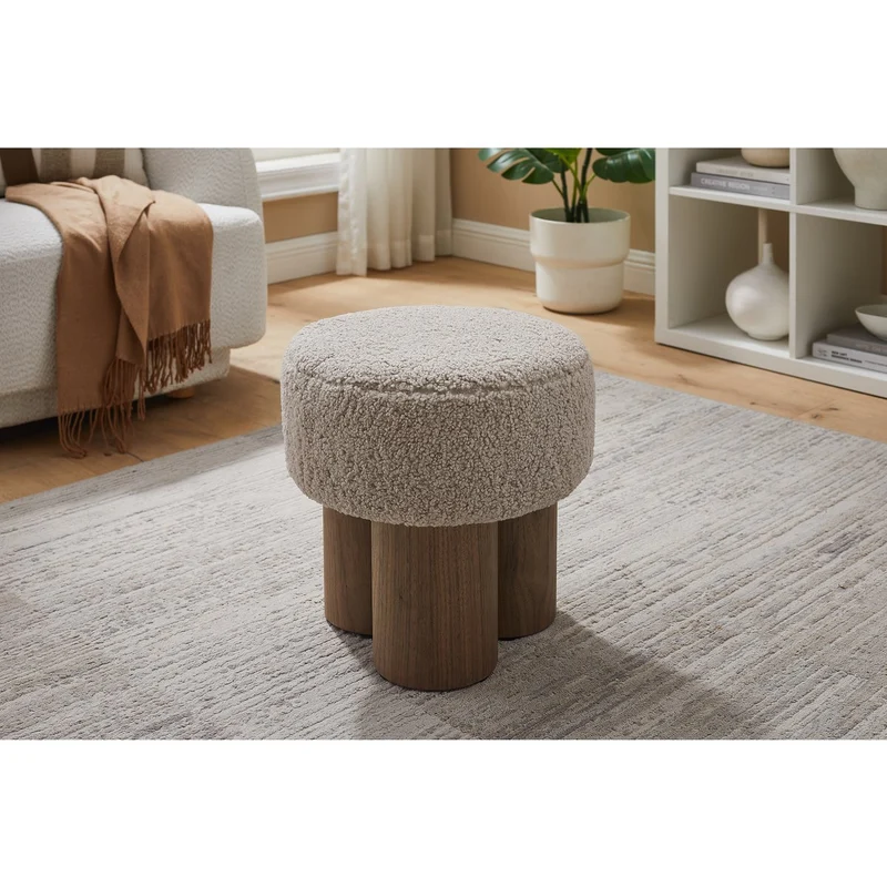 Sitzpouf mit Holzfurnier und Teddybezug – Walnuss/Braun, Ø 50 cm