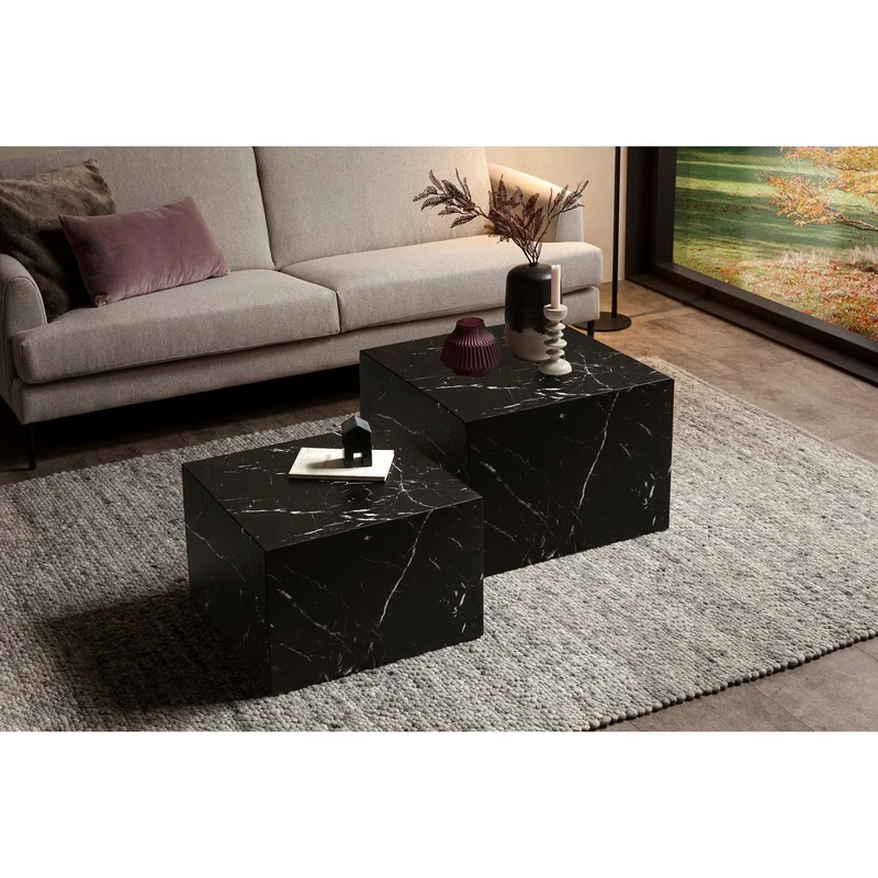 Couchtische im 2er-Set – Marmoroptik, Schwarz