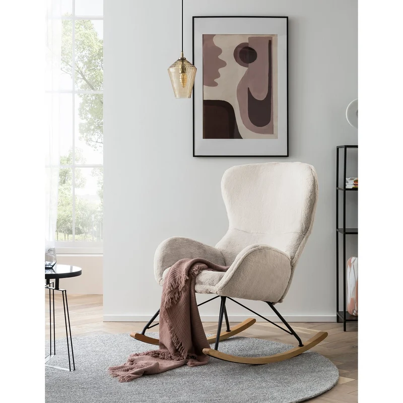 Schaukelsessel mit Eichenholzkufen – Lammfelloptik, Beige