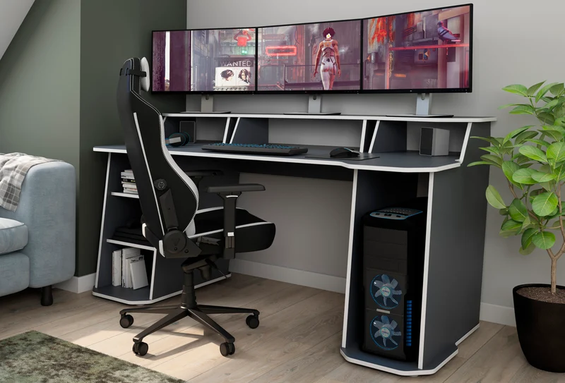 Schreibtisch MATRIX / Gaming-Tisch in Anthrazit mit Kanten in Weiß / Mit viel Stauraum und großer Tischplatte / Computer-Tisch / PC / Arbeits-Tisch / B 180, H 76, T 85cm