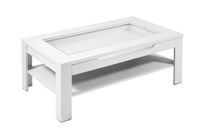 Couchtisch RALPH / moderner Sofatisch mit Glaseinlage und großzügiger Schublade in weiß, Artisan Eiche (Eiche-Optik) oder Old Wood (Altholz-Optik) / Beistelltisch mit viel Stauraum / B 110, H 43, T 67 cm