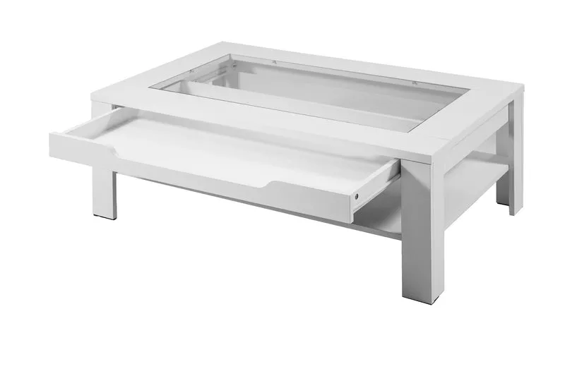 Couchtisch RALPH / moderner Sofatisch mit Glaseinlage und großzügiger Schublade in weiß, Artisan Eiche (Eiche-Optik) oder Old Wood (Altholz-Optik) / Beistelltisch mit viel Stauraum / B 110, H 43, T 67 cm