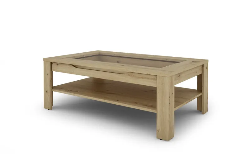 Couchtisch RALPH / moderner Sofatisch mit Glaseinlage und großzügiger Schublade in weiß, Artisan Eiche (Eiche-Optik) oder Old Wood (Altholz-Optik) / Beistelltisch mit viel Stauraum / B 110, H 43, T 67 cm