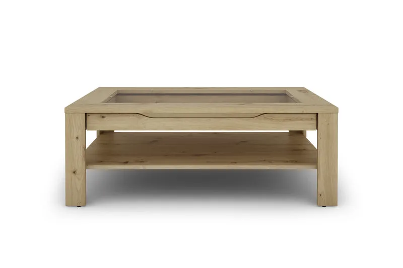 Couchtisch RALPH / moderner Sofatisch mit Glaseinlage und großzügiger Schublade in weiß, Artisan Eiche (Eiche-Optik) oder Old Wood (Altholz-Optik) / Beistelltisch mit viel Stauraum / B 110, H 43, T 67 cm