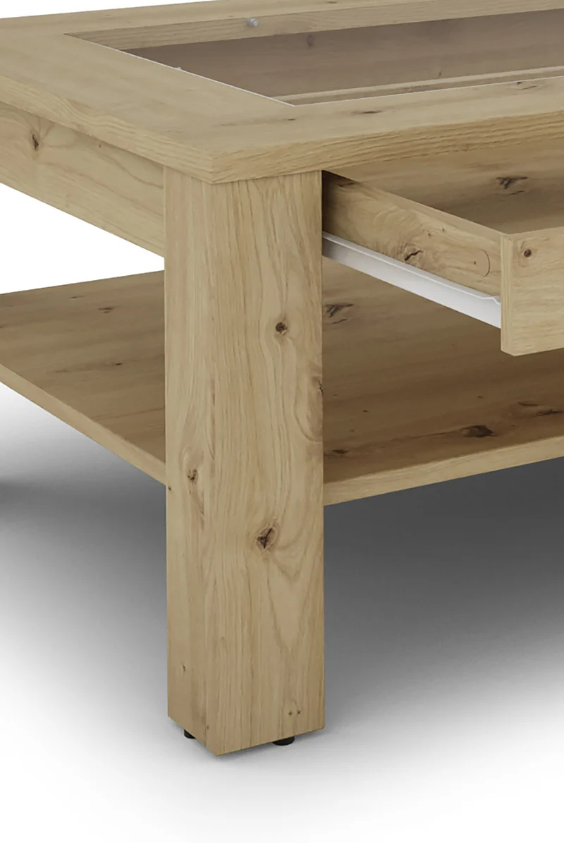 Couchtisch RALPH / moderner Sofatisch mit Glaseinlage und großzügiger Schublade in weiß, Artisan Eiche (Eiche-Optik) oder Old Wood (Altholz-Optik) / Beistelltisch mit viel Stauraum / B 110, H 43, T 67 cm