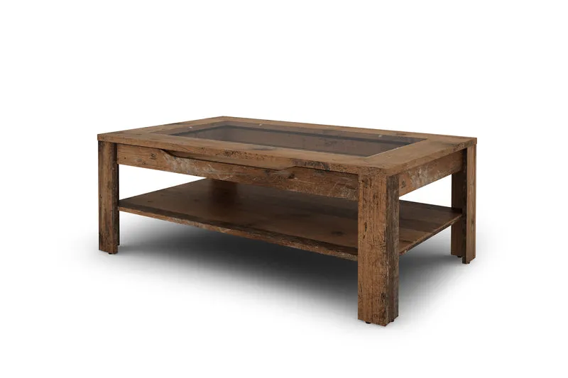 Couchtisch RALPH / moderner Sofatisch mit Glaseinlage und großzügiger Schublade in weiß, Artisan Eiche (Eiche-Optik) oder Old Wood (Altholz-Optik) / Beistelltisch mit viel Stauraum / B 110, H 43, T 67 cm