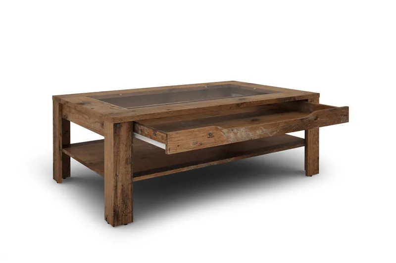 Couchtisch RALPH / moderner Sofatisch mit Glaseinlage und großzügiger Schublade in weiß, Artisan Eiche (Eiche-Optik) oder Old Wood (Altholz-Optik) / Beistelltisch mit viel Stauraum / B 110, H 43, T 67 cm