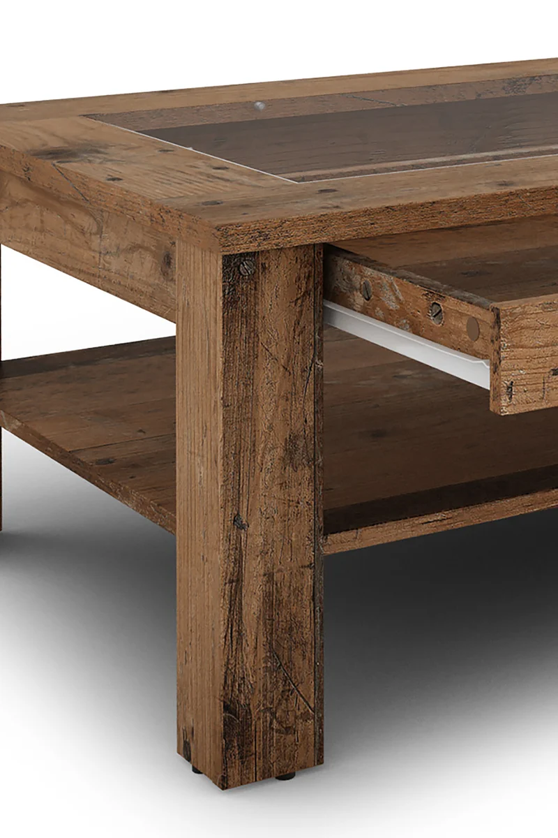 Couchtisch RALPH / moderner Sofatisch mit Glaseinlage und großzügiger Schublade in weiß, Artisan Eiche (Eiche-Optik) oder Old Wood (Altholz-Optik) / Beistelltisch mit viel Stauraum / B 110, H 43, T 67 cm
