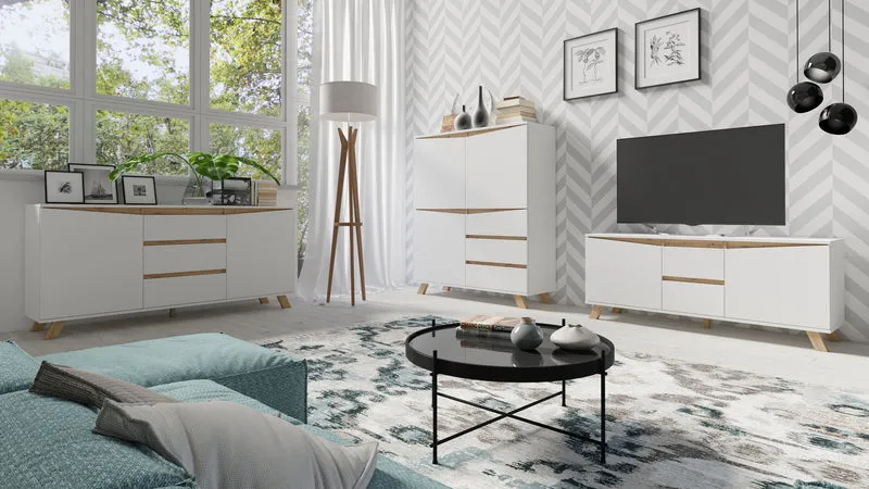 Sideboard VALENTIN / Kommode matt weiß oder anthrazit mit Absetzung in Eiche-Optik / Schrank mit 2 Türen und 3 Schubkästen / Im Scandi-Style / Grifflos / B 180, H 80, T 38 cm