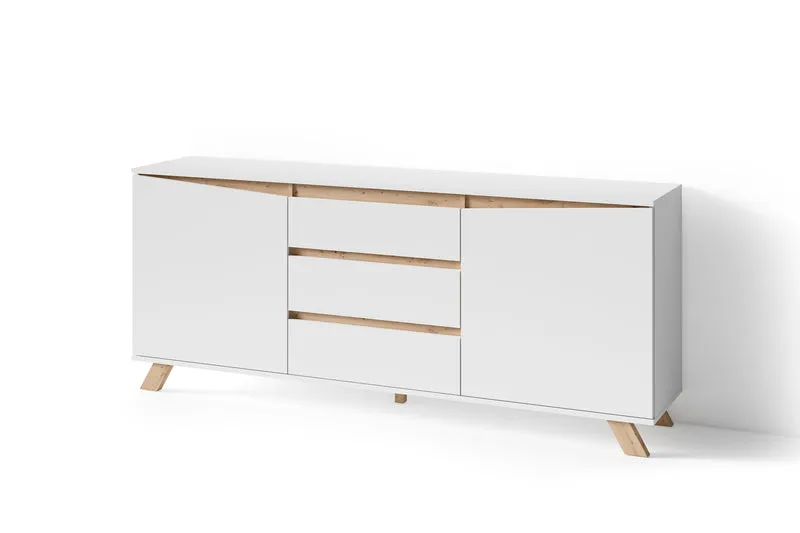 Sideboard VALENTIN / Kommode matt weiß oder anthrazit mit Absetzung in Eiche-Optik / Schrank mit 2 Türen und 3 Schubkästen / Im Scandi-Style / Grifflos / B 180, H 80, T 38 cm