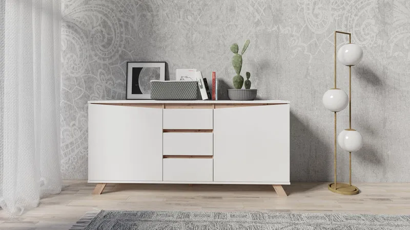 Sideboard VALENTIN / Kommode matt weiß oder anthrazit mit Absetzung in Eiche-Optik / Schrank mit 2 Türen und 3 Schubkästen / Im Scandi-Style / Grifflos / B 160, H 80, T 38 cm