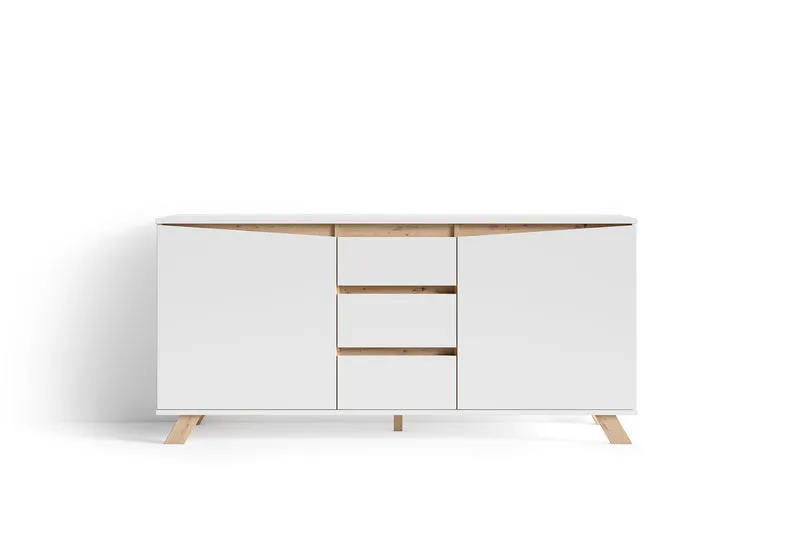 Sideboard VALENTIN / Kommode matt weiß oder anthrazit mit Absetzung in Eiche-Optik / Schrank mit 2 Türen und 3 Schubkästen / Im Scandi-Style / Grifflos / B 160, H 80, T 38 cm
