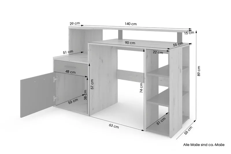 Schreibtisch LOUIS / Inkl. 1 Tür + 1 Schubkasten + 3 offenen Fächern / Weiß, Artisan Eiche (Eiche-Optik) oder Old Wood (Altholz-Optik) / Computertisch / XXL-Tisch / Arbeitstisch / Holztisch / Bürotisch / 140 x 89 x 55 cm (BxHxT)