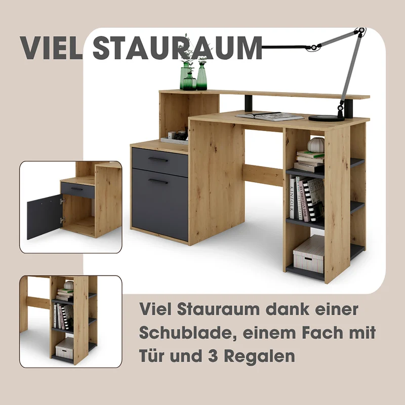 Schreibtisch LOUIS / Inkl. 1 Tür + 1 Schubkasten + 3 offenen Fächern / Weiß, Artisan Eiche (Eiche-Optik) oder Old Wood (Altholz-Optik) / Computertisch / XXL-Tisch / Arbeitstisch / Holztisch / Bürotisch / 140 x 89 x 55 cm (BxHxT)