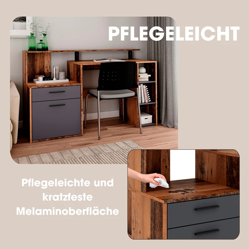 Schreibtisch LOUIS / Inkl. 1 Tür + 1 Schubkasten + 3 offenen Fächern / Weiß, Artisan Eiche (Eiche-Optik) oder Old Wood (Altholz-Optik) / Computertisch / XXL-Tisch / Arbeitstisch / Holztisch / Bürotisch / 140 x 89 x 55 cm (BxHxT)