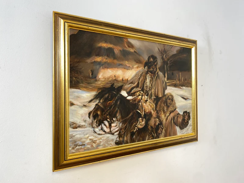 WMK Gut gemalte 83x62 Öl auf Leinwand Replika des berühmten "Verwundeter Kürassier mit einem Mädchen" von Wojciech Adalbert Kossak aus 1970, goldener Holzrahmen