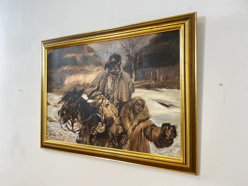 WMK Gut gemalte 83x62 Öl auf Leinwand Replika des berühmten "Verwundeter Kürassier mit einem Mädchen" von Wojciech Adalbert Kossak aus 1970, goldener Holzrahmen