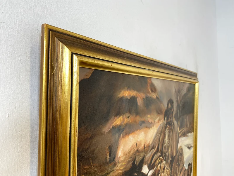 WMK Gut gemalte 83x62 Öl auf Leinwand Replika des berühmten "Verwundeter Kürassier mit einem Mädchen" von Wojciech Adalbert Kossak aus 1970, goldener Holzrahmen
