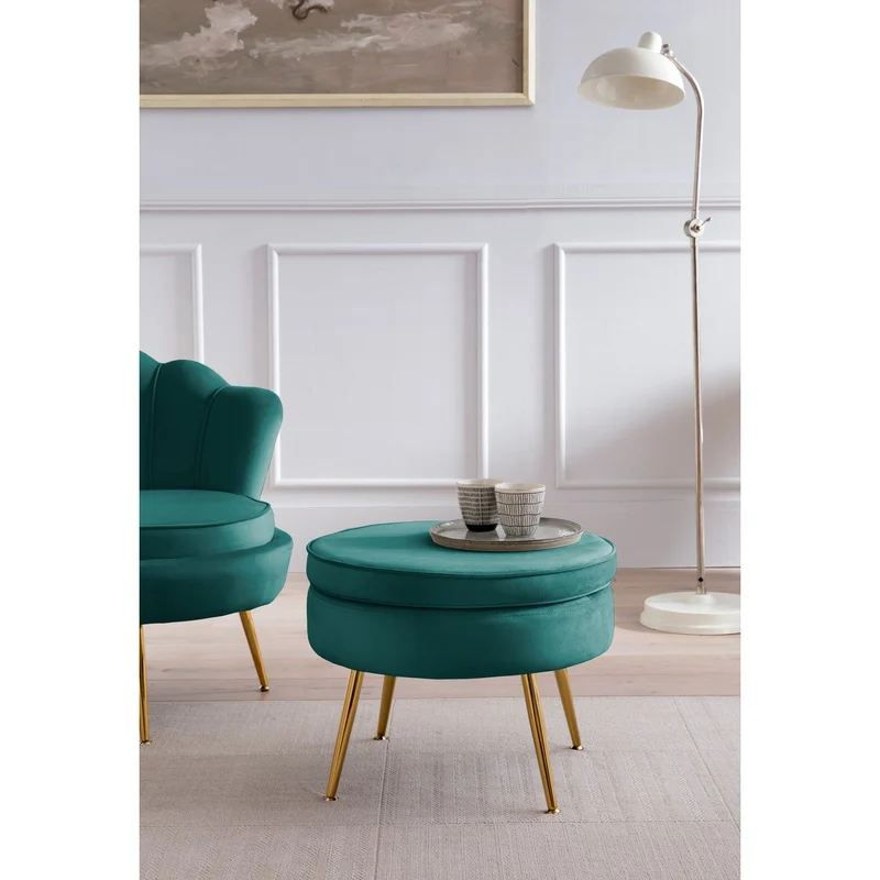Runder Sitzpouf in Samtoptik – Grün/Gold, Ø 52 cm