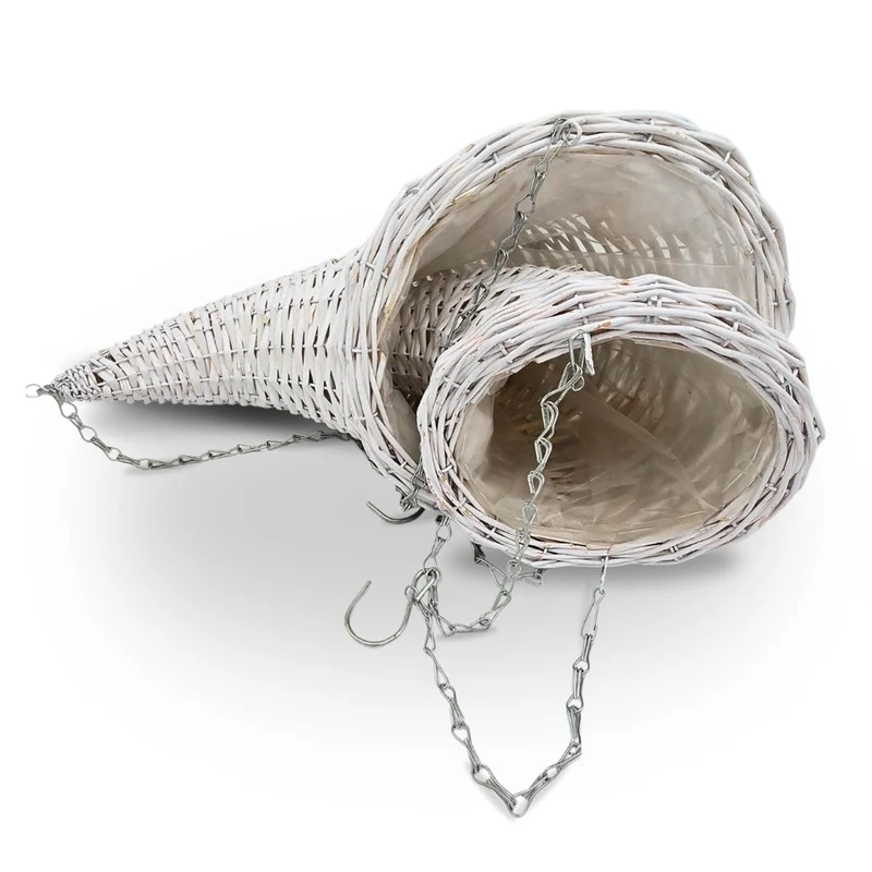 BLUMENAMPEL "FÜLLHORN" | 2er Set, Rattan | handgefertigt Korbgeflecht | Farbe: weiß