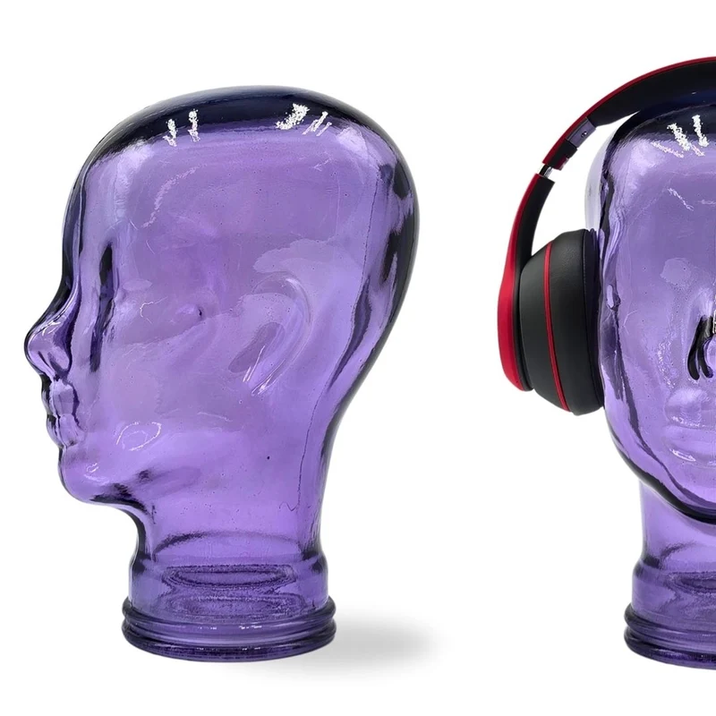 Glas KOPFHÖRERSTÄNDER transparent + satin | 29cm Glaskopf Skulptur | Farbe: T05 violett