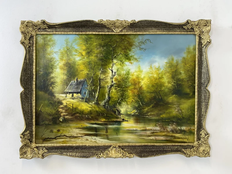 WMK Farbenintensives & sehr gut gemaltes Öl auf Leinwand Landschaftsgemälde, 111x80cm, signiert mit PR98, in gut erhaltenem Stuckrahmen in Gold