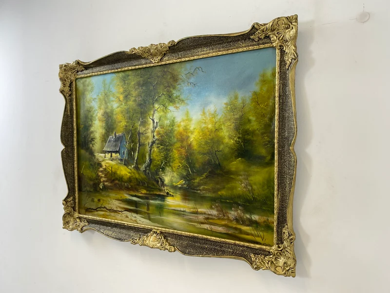 WMK Farbenintensives & sehr gut gemaltes Öl auf Leinwand Landschaftsgemälde, 111x80cm, signiert mit PR98, in gut erhaltenem Stuckrahmen in Gold