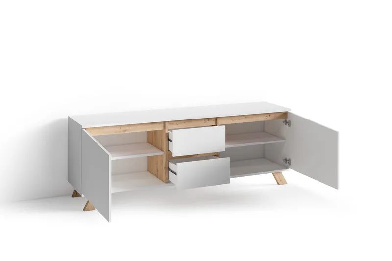 TV-Board VALENTIN / Lowboard matt weiß oder anthrazit mit Absetzung in Eiche-Optik / Fernsehtisch mit 2 Türen und 2 Schubkästen / Fernsehschrank im Scandi-Style / Grifflos / B 160, H 60, T 38 cm