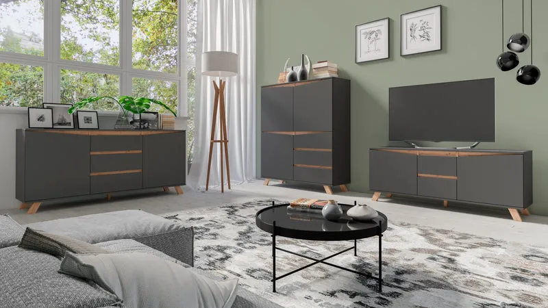 TV-Board VALENTIN / Lowboard matt weiß oder anthrazit mit Absetzung in Eiche-Optik / Fernsehtisch mit 2 Türen und 2 Schubkästen / Fernsehschrank im Scandi-Style / Grifflos / B 160, H 60, T 38 cm