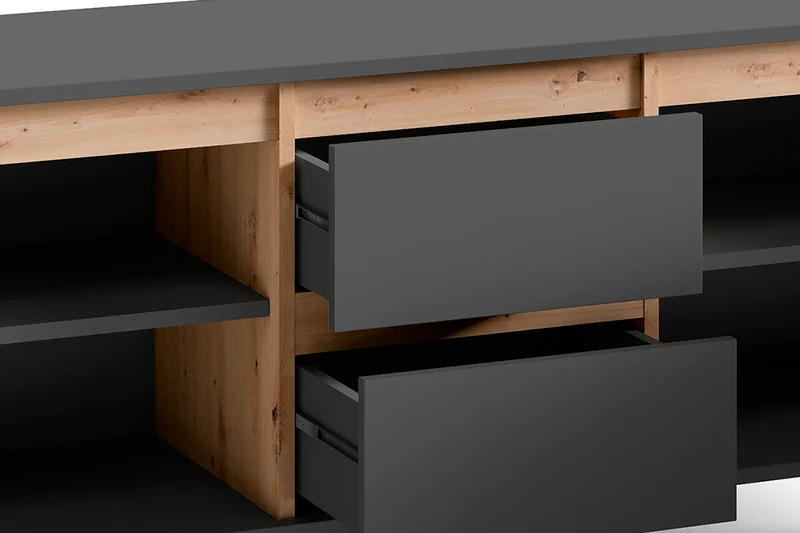 TV-Board VALENTIN / Lowboard matt weiß oder anthrazit mit Absetzung in Eiche-Optik / Fernsehtisch mit 2 Türen und 2 Schubkästen / Fernsehschrank im Scandi-Style / Grifflos / B 160, H 60, T 38 cm