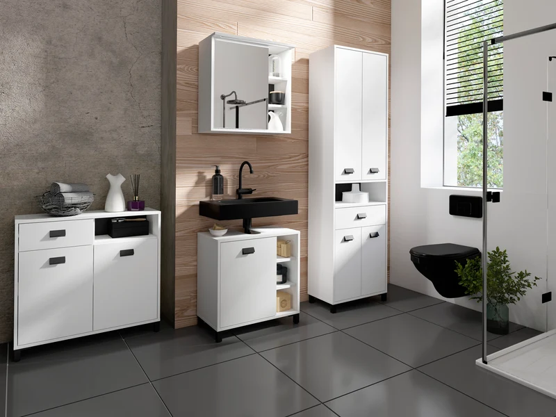 Badezimmer Kommode WELLNESS in Artisan Eiche, Griffe aus Metall in schwarz / Badschrank mit einer Schublade und zwei Türen / B 80,5, H 77,5, T 31 cm