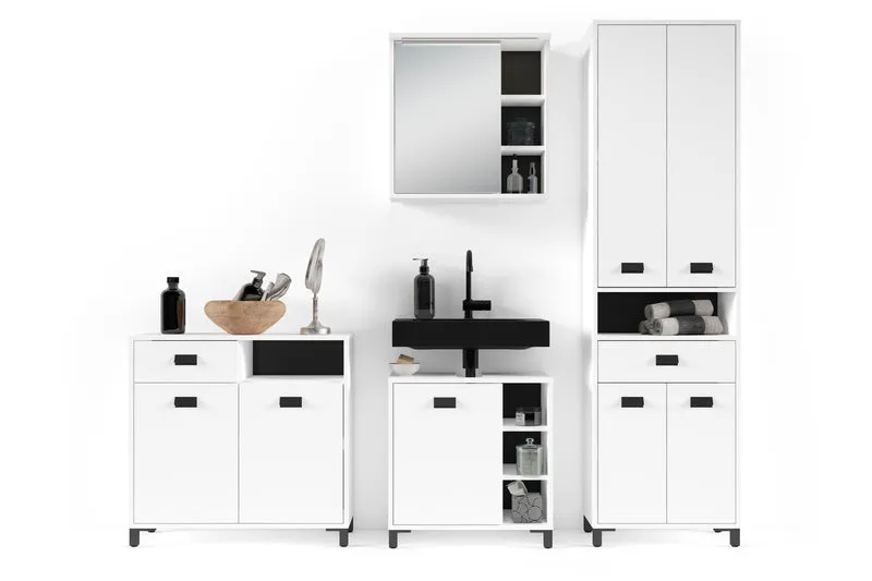 Badezimmer Kommode WELLNESS in Artisan Eiche, Griffe aus Metall in schwarz / Badschrank mit einer Schublade und zwei Türen / B 80,5, H 77,5, T 31 cm