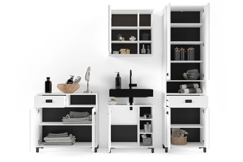 Badezimmer Kommode WELLNESS in Artisan Eiche, Griffe aus Metall in schwarz / Badschrank mit einer Schublade und zwei Türen / B 80,5, H 77,5, T 31 cm