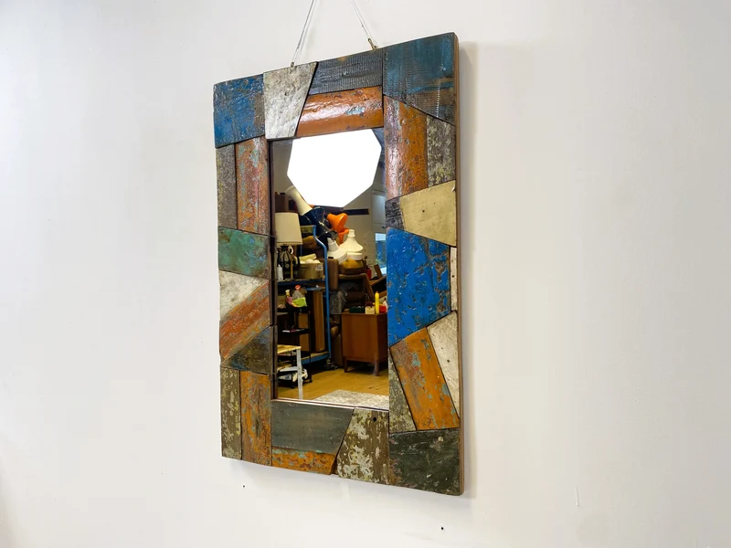 Boatwood by WMK # Besonderer 60x60 Wandspiegel aus altem Bootsholz, ein handgefertigtes Unikat in Originalfarben der Boote