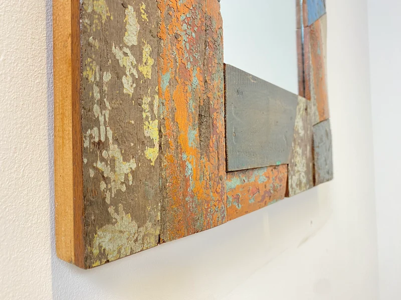 Boatwood by WMK # Besonderer 60x60 Wandspiegel aus altem Bootsholz, ein handgefertigtes Unikat in Originalfarben der Boote