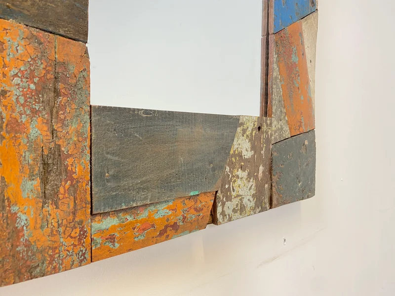Boatwood by WMK # Besonderer 60x60 Wandspiegel aus altem Bootsholz, ein handgefertigtes Unikat in Originalfarben der Boote