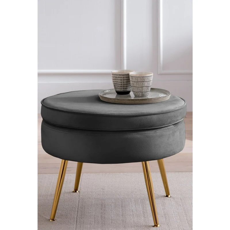 Runder Sitzpouf in Samtoptik – Schwarz/Gold, Ø 52 cm