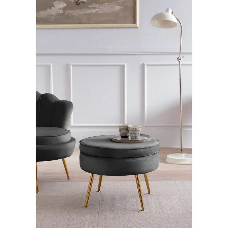 Runder Sitzpouf in Samtoptik – Schwarz/Gold, Ø 52 cm