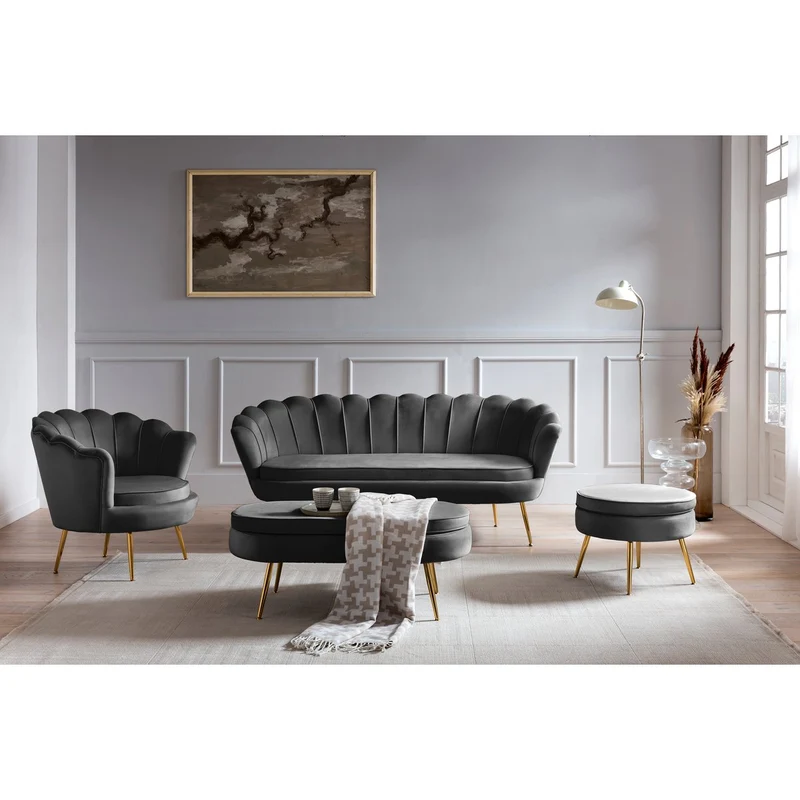 Runder Sitzpouf in Samtoptik – Schwarz/Gold, Ø 52 cm