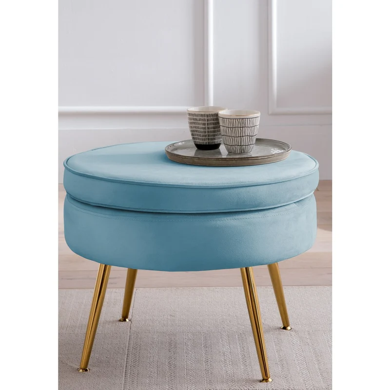 Runder Sitzpouf in Samtoptik – Blau/Gold, Ø 52 cm