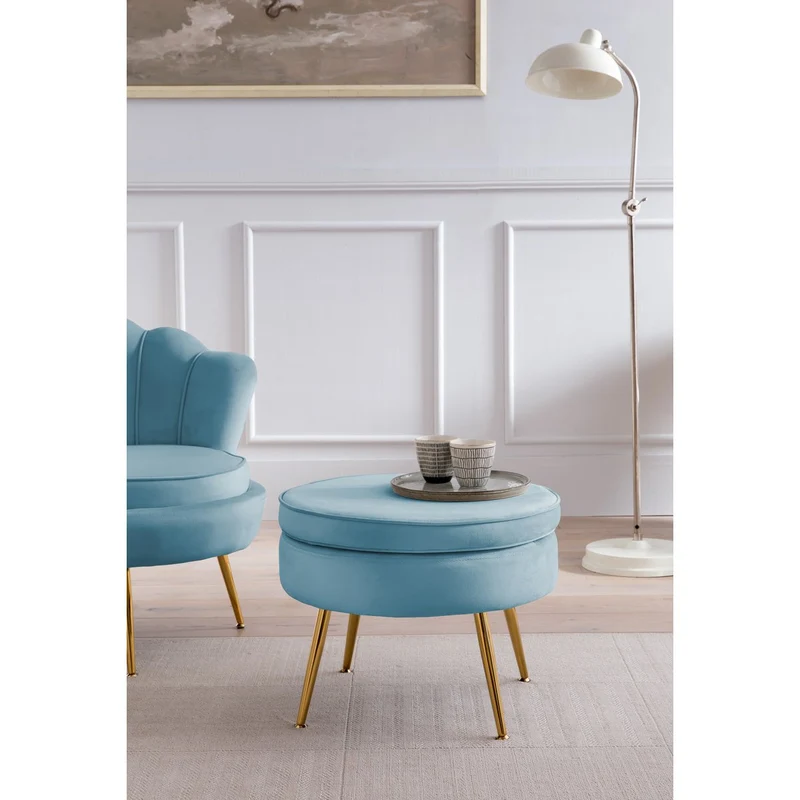 Runder Sitzpouf in Samtoptik – Blau/Gold, Ø 52 cm