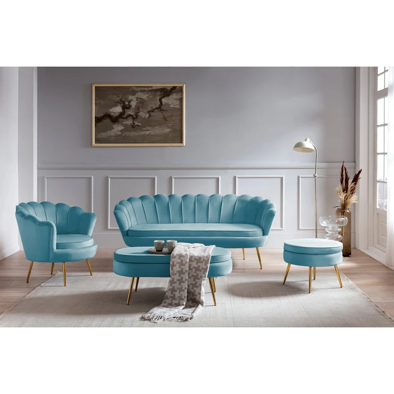 Runder Sitzpouf in Samtoptik – Blau/Gold, Ø 52 cm