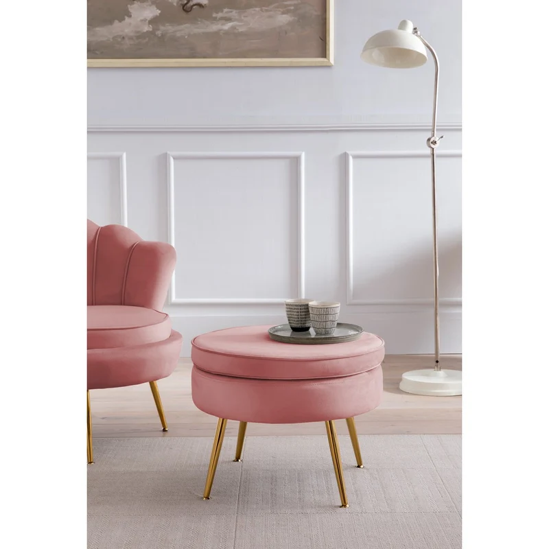 Runder Sitzpouf in Samtoptik – Rosé/Gold, Ø 52 cm