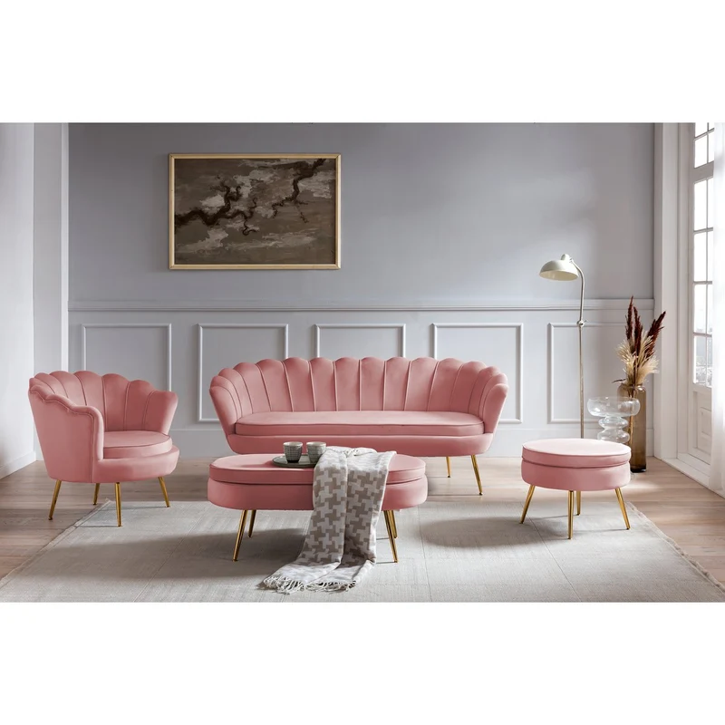 Runder Sitzpouf in Samtoptik – Rosé/Gold, Ø 52 cm