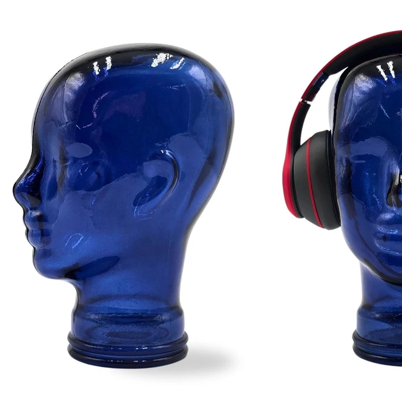 Glas KOPFHÖRERSTÄNDER transparent + satin | 29cm Glaskopf Skulptur | Farbe: T09 marineblau