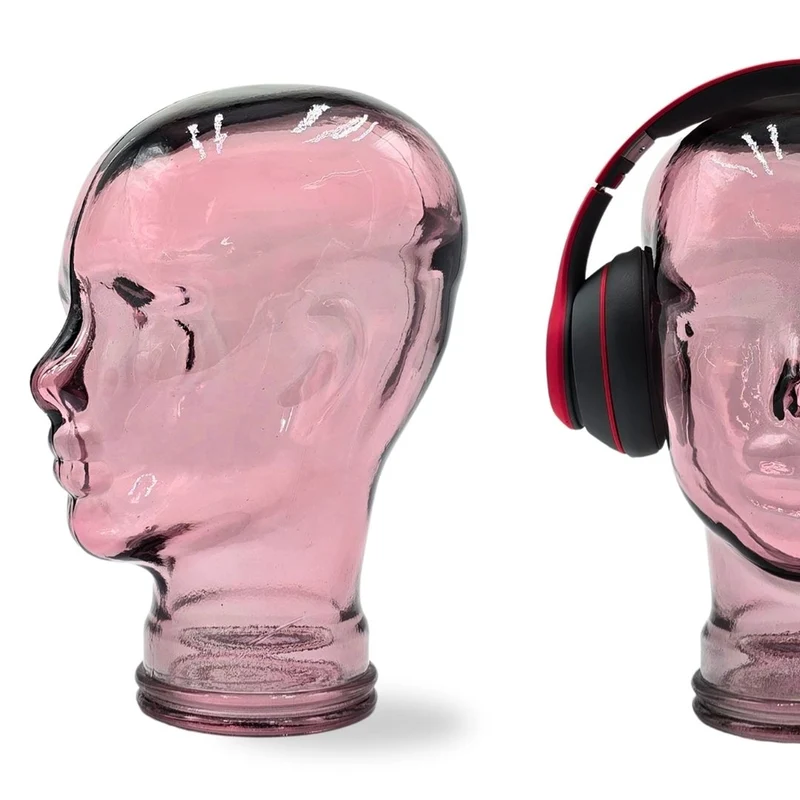 Glas KOPFHÖRERSTÄNDER transparent + satin | 29cm Glaskopf Skulptur | Farbe: T08 altrosa