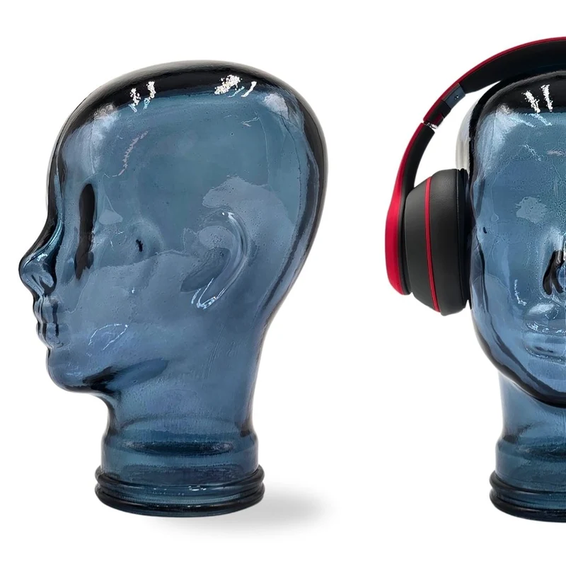 Glas KOPFHÖRERSTÄNDER transparent + satin | 29cm Glaskopf Skulptur | Farbe: T07 blau