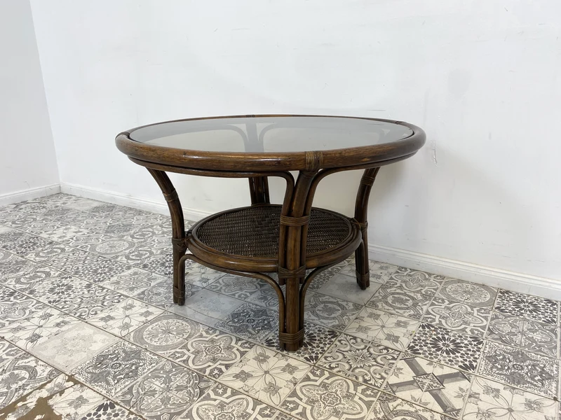 WMK Kultiger runder italienischer Mid-Century Couchtisch in gutem Zustand mit Bambusgestell , intakter Glasplatte & Ablage